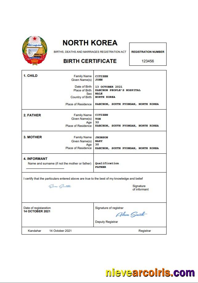 North Korea birth certificate